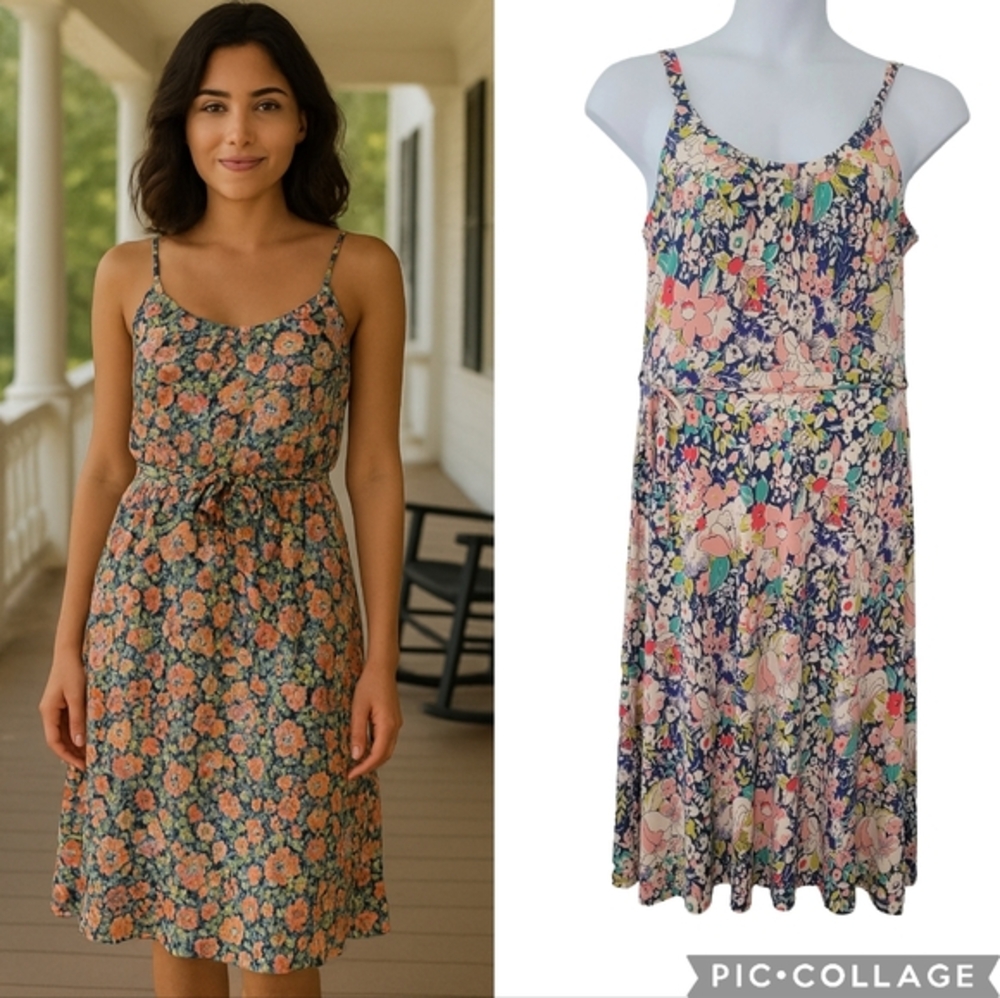 King Louie Floral Print Dress Size‎ L Colorful Jersey Knit Shift Spaghetti Strap
